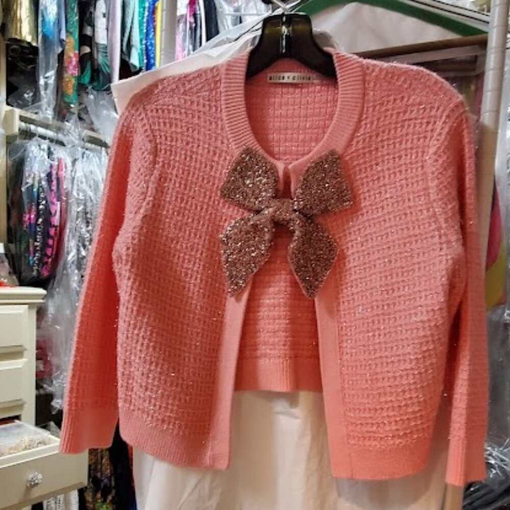 Alice + Olivia Pink Cardigan with Glitter Bow